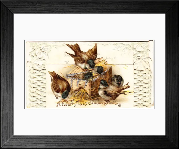 Framed Print : Six sparrows on a Christmas card Framed Print : Six sparrows on a Christmas card