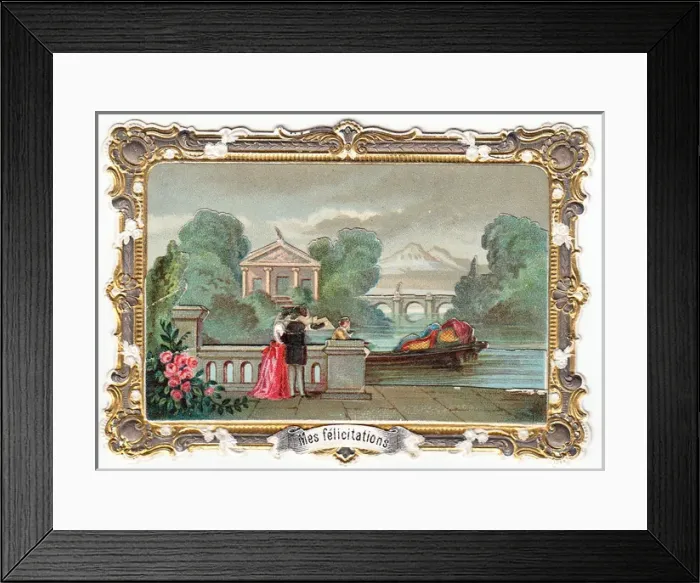 Framed Print : Riverside scene on a French congratulations card Framed Print : Riverside scene on a French congratulations card