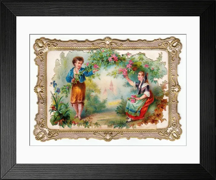 Framed Print : Couple in a garden on a greetings card Framed Print : Couple in a garden on a greetings card