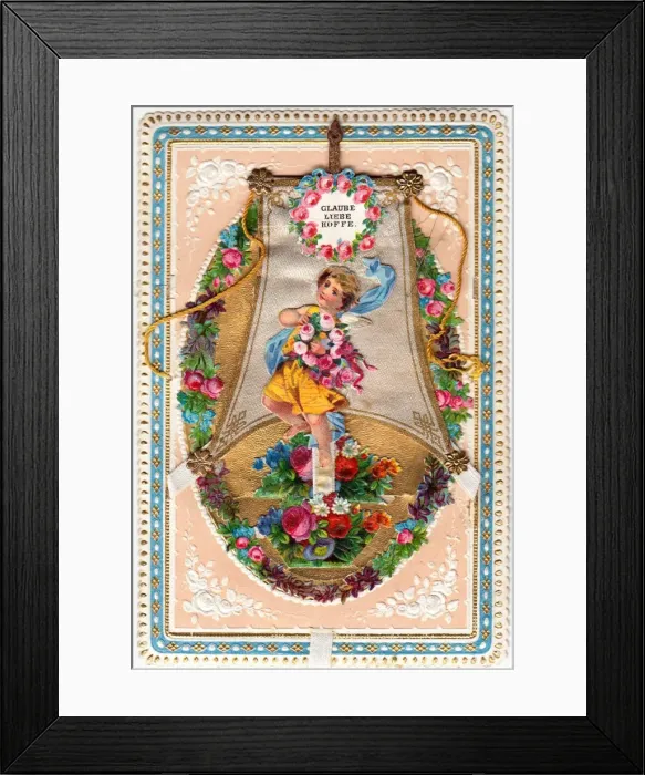 Framed Print : Cherub with flowers on a romantic German greetings card Framed Print : Cherub with flowers on a romantic German greetings card