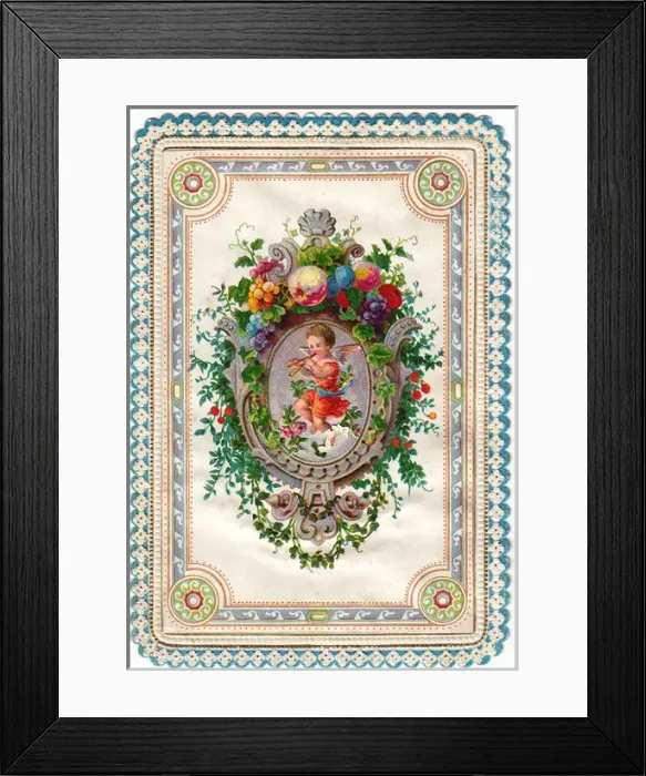 Framed Print : Cherub playing a pipe on a greetings card Framed Print : Cherub playing a pipe on a greetings card