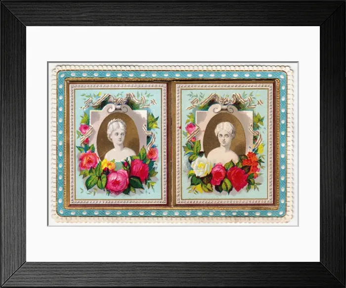 Framed Print : Two portrait busts with flowers on a greetings card Framed Print : Two portrait busts with flowers on a greetings card
