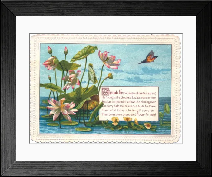 Framed Print : Romantic greetings card with water lilies and verse Framed Print : Romantic greetings card with water lilies and verse