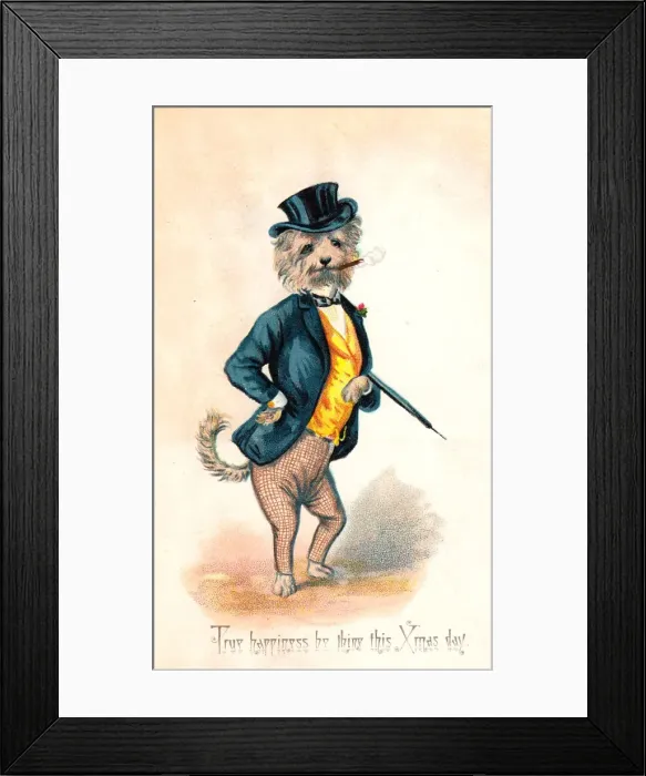 Framed Print : Dog dressed as a man-about-town on a Christmas card Framed Print : Dog dressed as a man-about-town on a Christmas card