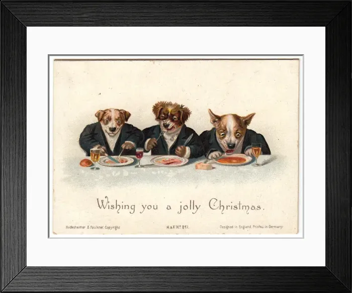 Framed Print : Three dogs eating their dinner on a Christmas card Framed Print : Three dogs eating their dinner on a Christmas card