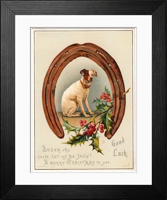 Framed Print : Dog with horseshoe and holly on a Christmas card Framed Print : Dog with horseshoe and holly on a Christmas card