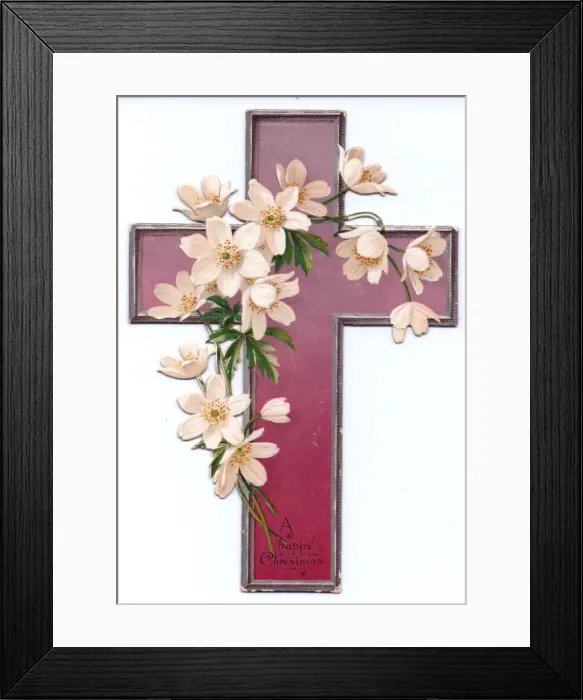 Framed Print : White flowers on a cross-shaped Christmas card Framed Print : White flowers on a cross-shaped Christmas card