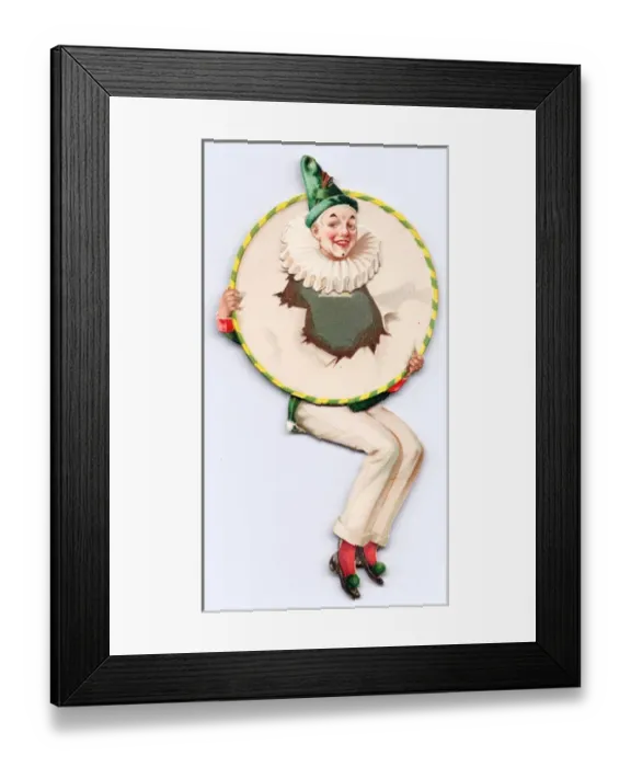 Framed Print : Clown with head through paper hoop on a greetings card Framed Print : Clown with head through paper hoop on a greetings card