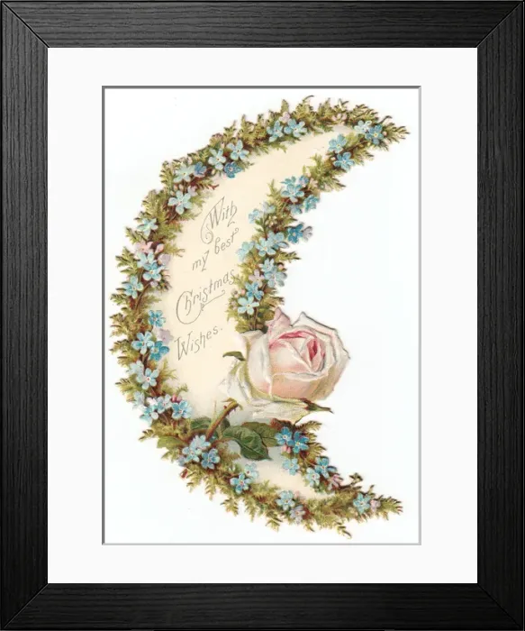 Framed Print : Pink and blue flowers on a crescent-shaped Christmas card Framed Print : Pink and blue flowers on a crescent-shaped Christmas card