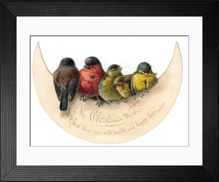 Framed Print : Birds perched on crescent moon on a Christmas card Framed Print : Birds perched on crescent moon on a Christmas card