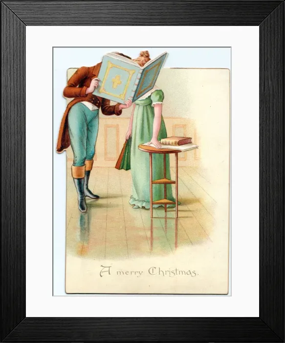 Framed Print : Couple in Regency costume on a Christmas card Framed Print : Couple in Regency costume on a Christmas card