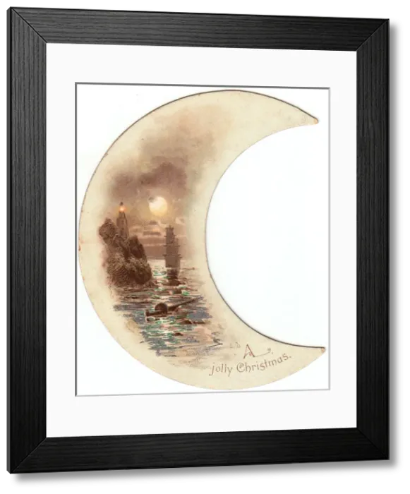 Framed Print : Sailing ships on a crescent-shaped Christmas card Framed Print : Sailing ships on a crescent-shaped Christmas card
