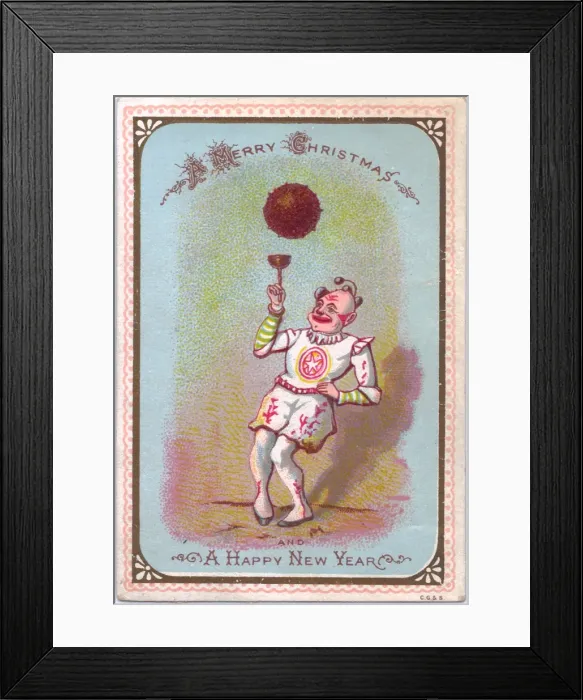 Framed Print : Clown with cup and ball on a Christmas and New Year card Framed Print : Clown with cup and ball on a Christmas and New Year card