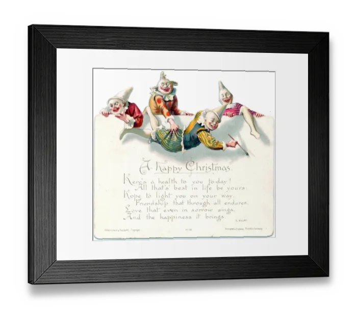 Framed Print : Four laughing clowns on a Christmas card Framed Print : Four laughing clowns on a Christmas card