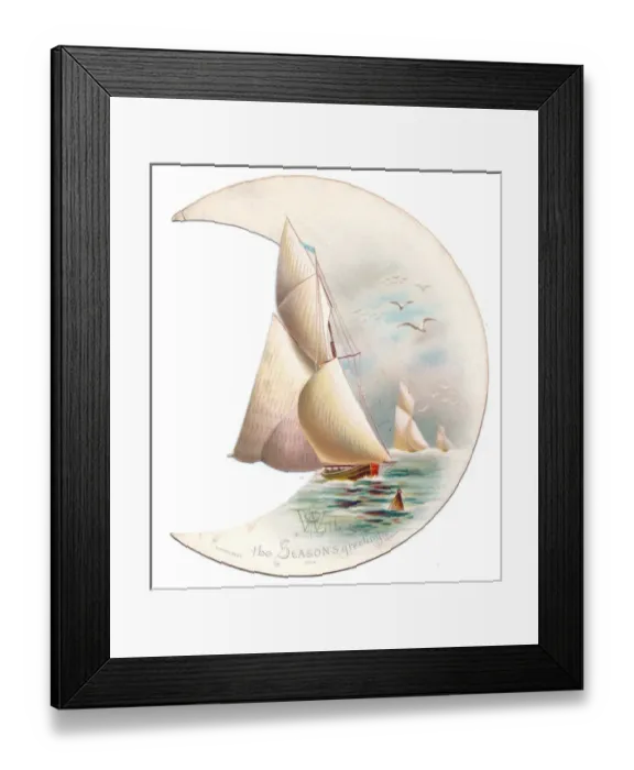 Framed Print : Sailing ships on a crescent-shaped Christmas card Framed Print : Sailing ships on a crescent-shaped Christmas card