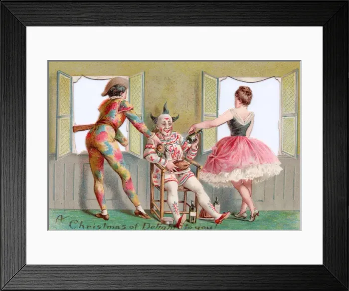 Framed Print : Clown with food and drink on a Christmas and New Year card Framed Print : Clown with food and drink on a Christmas and New Year card