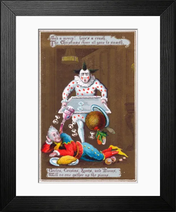 Framed Print : Clown and jester on a Christmas card Framed Print : Clown and jester on a Christmas card
