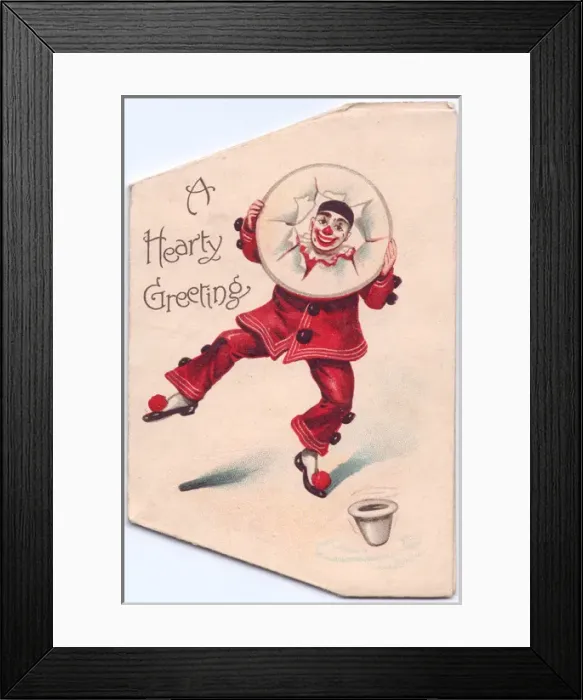 Framed Print : Clown with paper hoop on a greetings card Framed Print : Clown with paper hoop on a greetings card