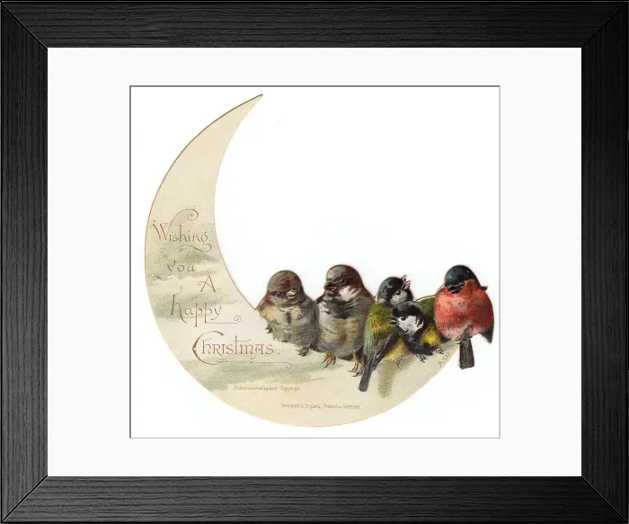 Framed Print : Birds perched on crescent moon on a Christmas card Framed Print : Birds perched on crescent moon on a Christmas card