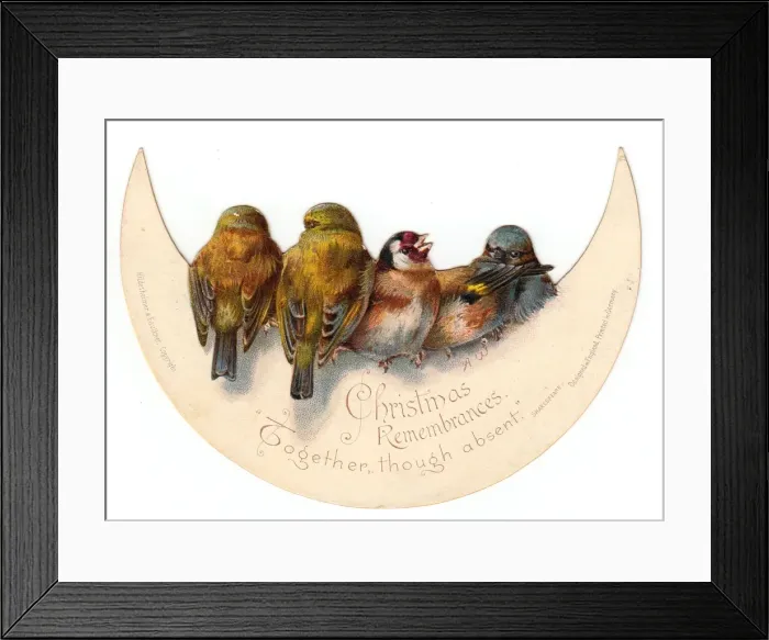 Framed Print : Birds perched on crescent moon on a Christmas card Framed Print : Birds perched on crescent moon on a Christmas card