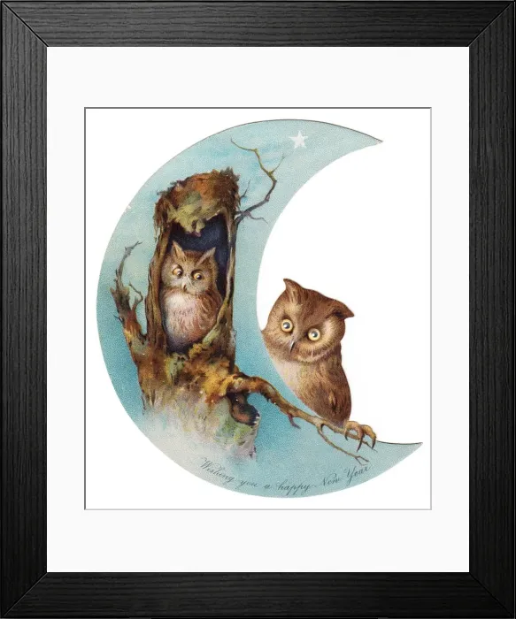 Framed Print : Two owls on crescent-shaped New Year card Framed Print : Two owls on crescent-shaped New Year card
