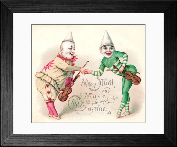 Framed Print : Two musical clowns on a Christmas card Framed Print : Two musical clowns on a Christmas card