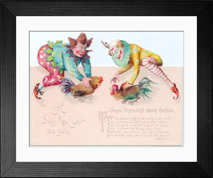 Framed Print : Two clowns with cockerels on a New Year card Framed Print : Two clowns with cockerels on a New Year card