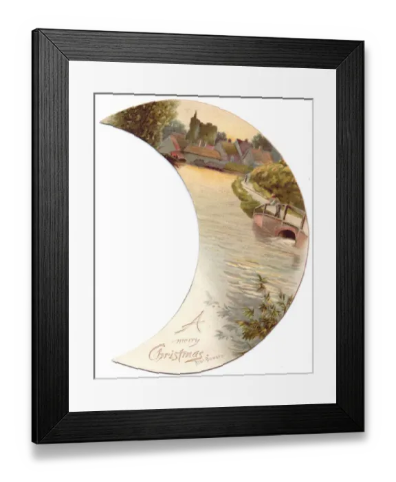 Framed Print : River scene on a crescent-shaped Christmas card Framed Print : River scene on a crescent-shaped Christmas card