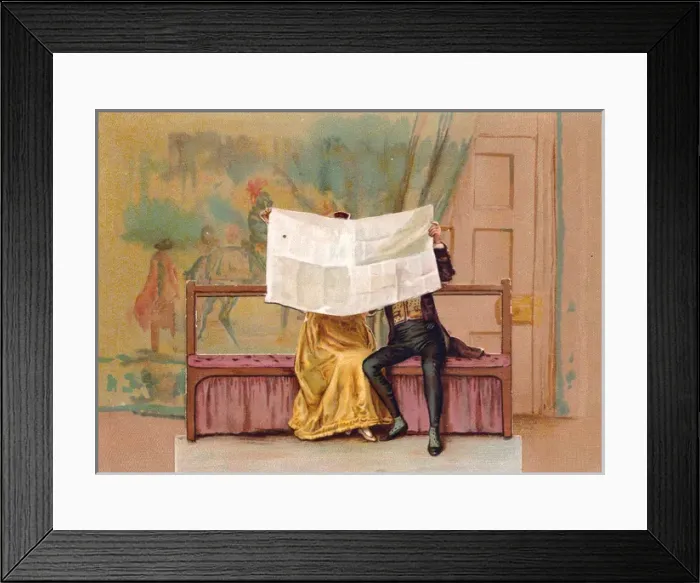 Framed Print : Couple in historical costume on a greetings card Framed Print : Couple in historical costume on a greetings card