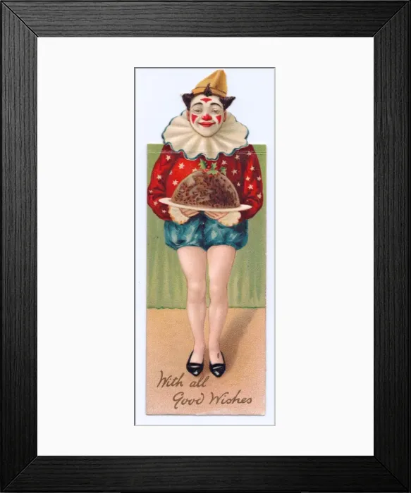 Framed Print : Clown with pudding on a Christmas card Framed Print : Clown with pudding on a Christmas card