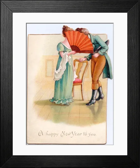 Framed Print : Couple in Regency costume on a New Year card Framed Print : Couple in Regency costume on a New Year card