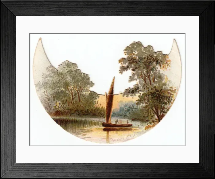 Framed Print : Sailing boat on a crescent-shaped greetings card Framed Print : Sailing boat on a crescent-shaped greetings card