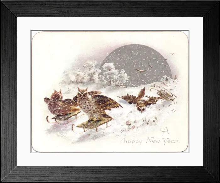 Framed Print : Three owls on a New Year card Framed Print : Three owls on a New Year card