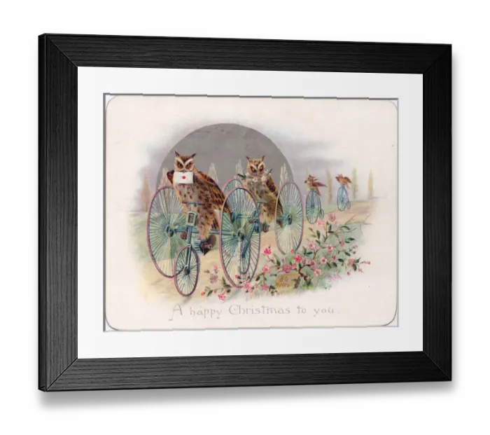 Framed Print : Four owls on a Christmas card Framed Print : Four owls on a Christmas card