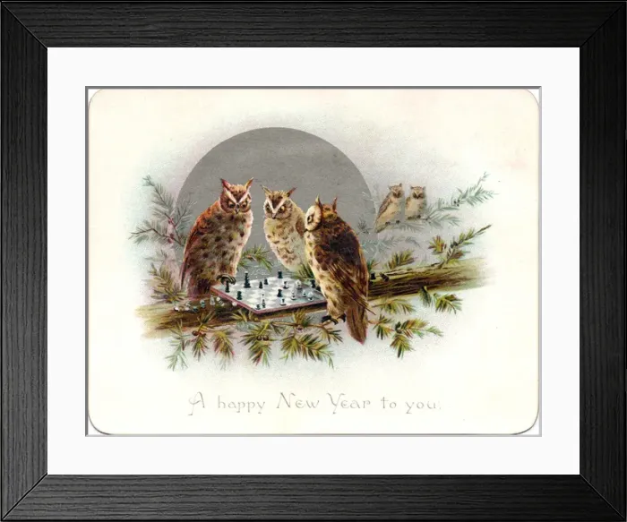 Framed Print : Three owls on a New Year card Framed Print : Three owls on a New Year card
