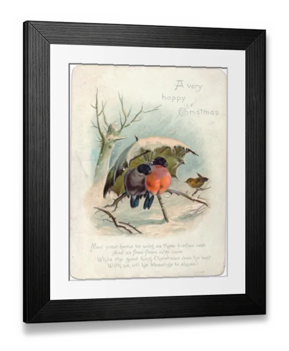 Framed Print : Birds sheltering under umbrella on a Christmas card