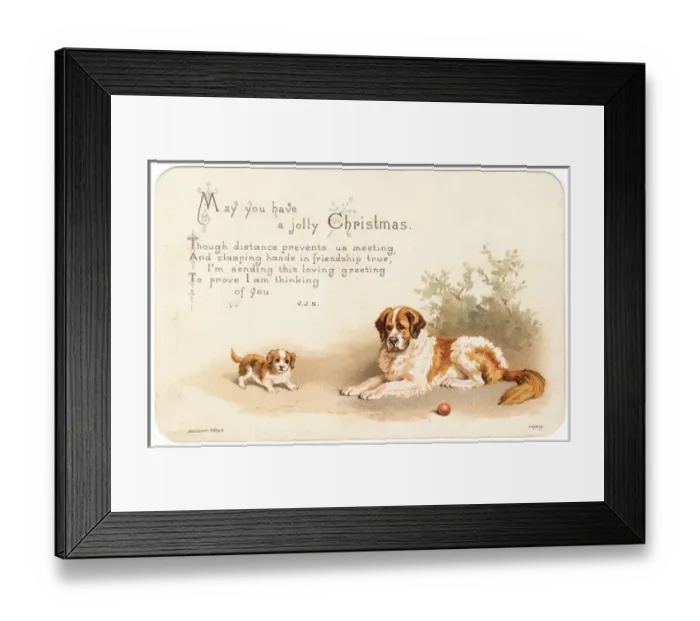 Framed Print : Two dogs, large and small, on a Christmas card Framed Print : Two dogs, large and small, on a Christmas card