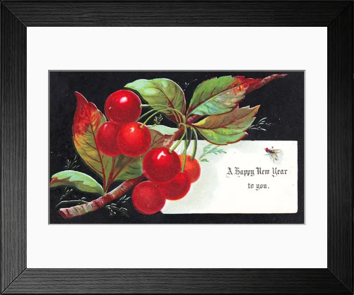 Framed Print : Red cherries on a New Year card Framed Print : Red cherries on a New Year card