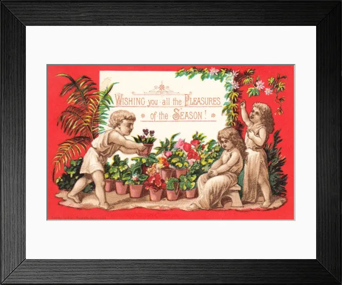 Framed Print : Children with potted plants on a Christmas card Framed Print : Children with potted plants on a Christmas card
