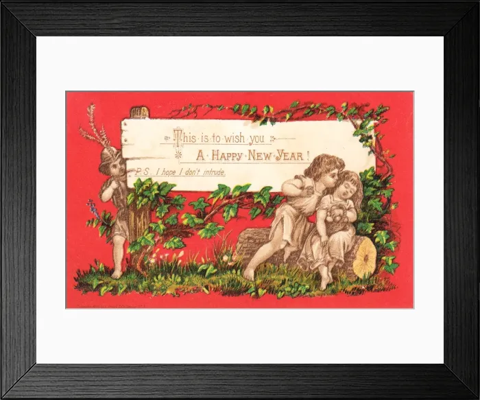 Framed Print : Children kissing on a New Year card Framed Print : Children kissing on a New Year card