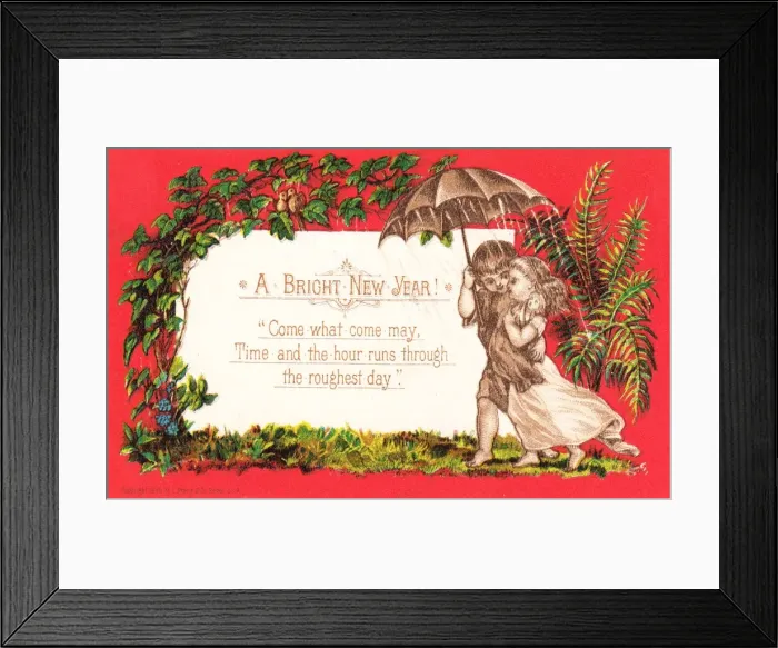 Framed Print : Children under umbrella on a New Year card Framed Print : Children under umbrella on a New Year card