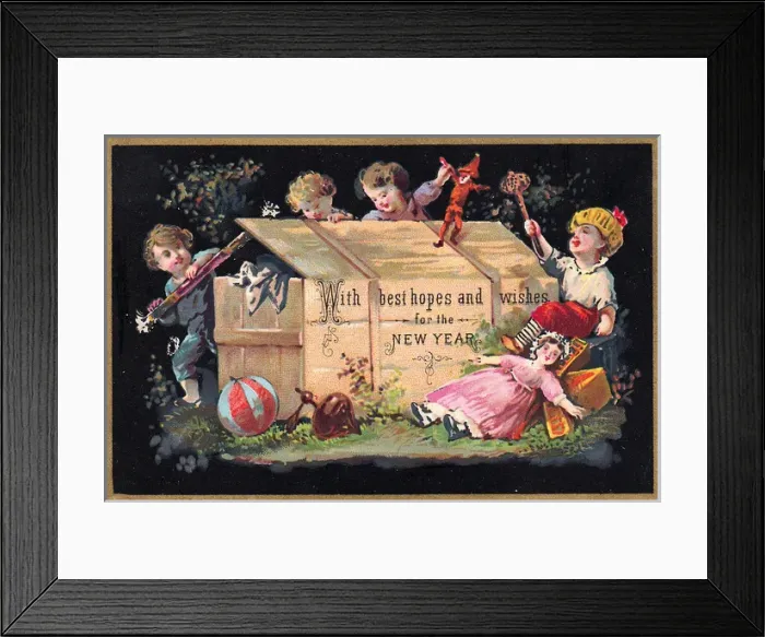 Framed Print : Children and toys on a New Year card Framed Print : Children and toys on a New Year card