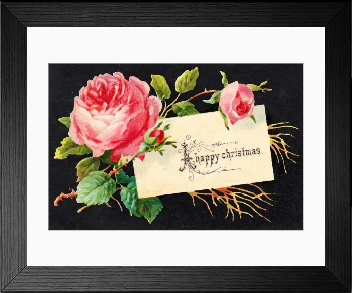 Framed Print : Pink roses on a Christmas card
