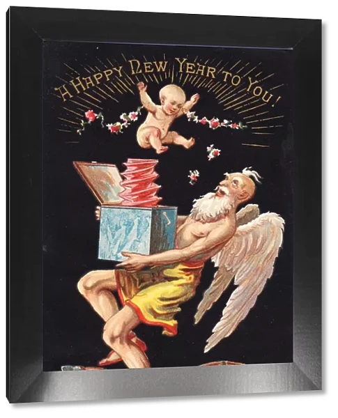 Old Father Time and New Year baby on a New Year card