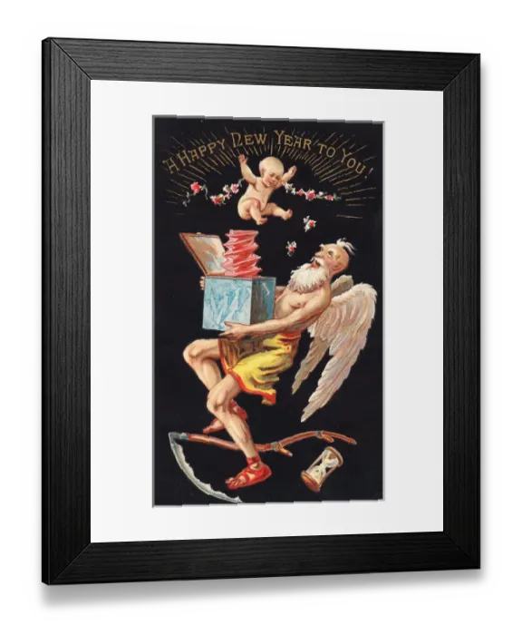 Framed Print : Old Father Time and New Year baby on a New Year card Framed Print : Old Father Time and New Year baby on a New Year card