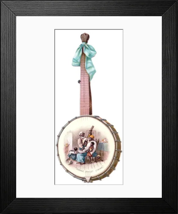 Framed Print : Banjo with family scene, Home Sweet Home Framed Print : Banjo with family scene, Home Sweet Home