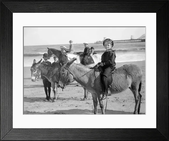 Framed Print : Children riding donkeys on a beach, probably in Atlantic Cit Framed Print : Children riding donkeys on a beach, probably in Atlantic Cit