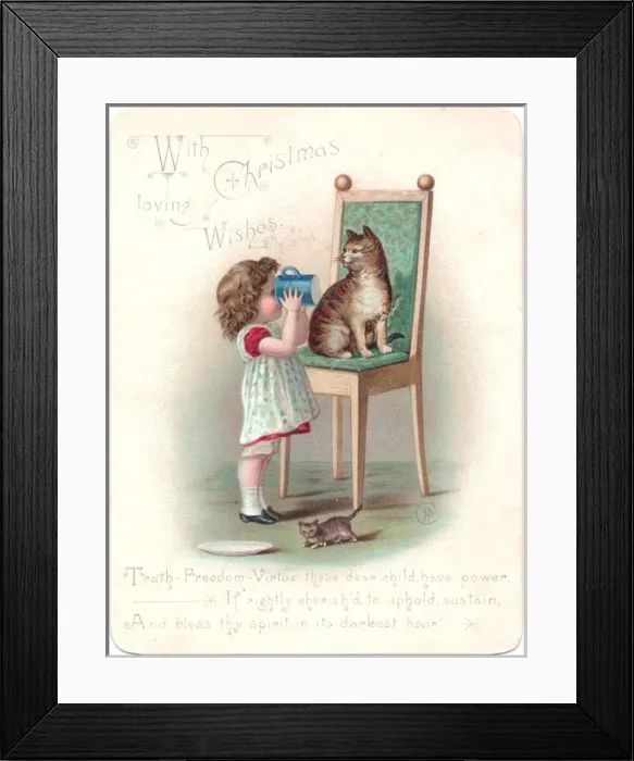 Framed Print : Girl with cat and kitten on a Christmas card Framed Print : Girl with cat and kitten on a Christmas card