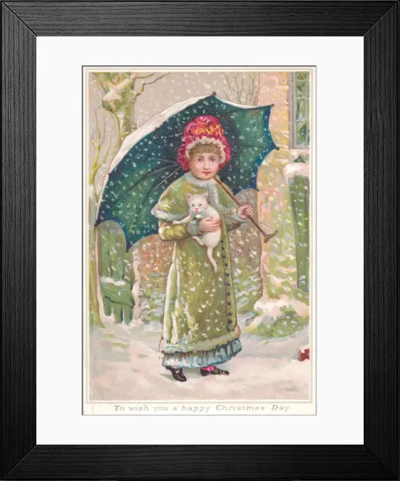 Framed Print : Girl with white kitten on a Christmas card Framed Print : Girl with white kitten on a Christmas card