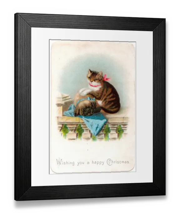 Framed Print : Cat and dog on a Christmas card Framed Print : Cat and dog on a Christmas card